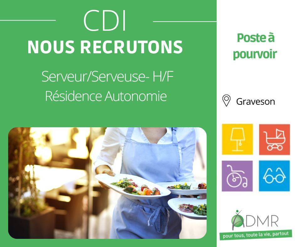 Emploi CDI à Graveson pour SERVICE EN SALLE de RESTAURATION auprès de personnes âgées ou avec handicap